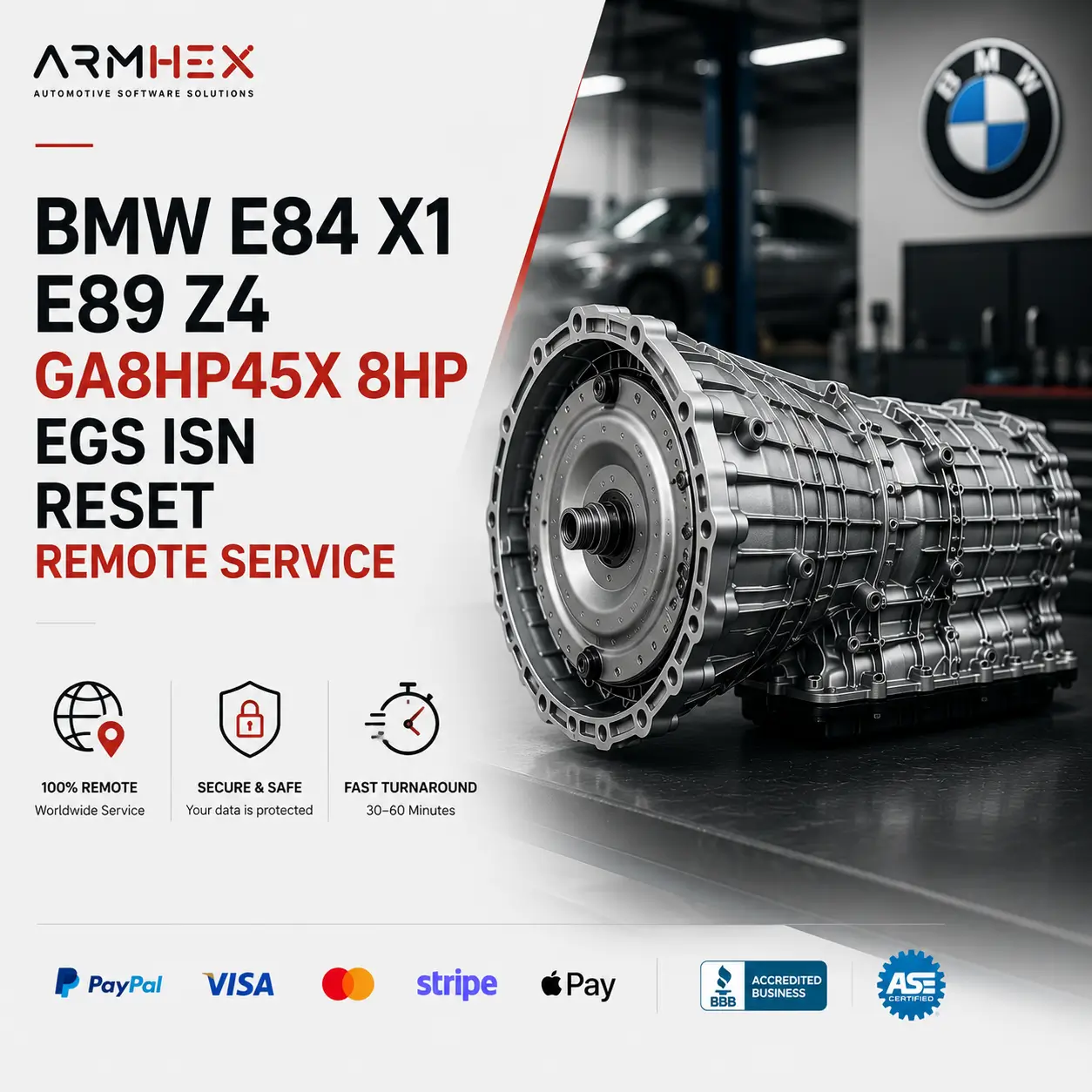 BMW E84 X1 E89 Z4 GA8HP45X 8HP EGS ISN RESET REMOTE SERVICE - ARMHEX