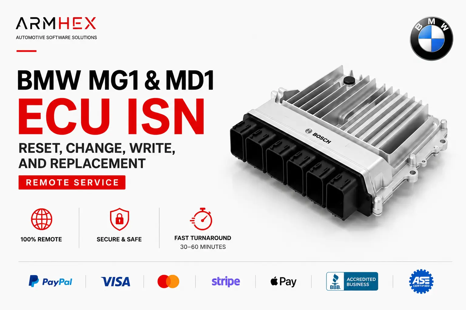 BMW MG1 MD1 ECU ISN Reset Change Swap Remote Service - ARMHEX
